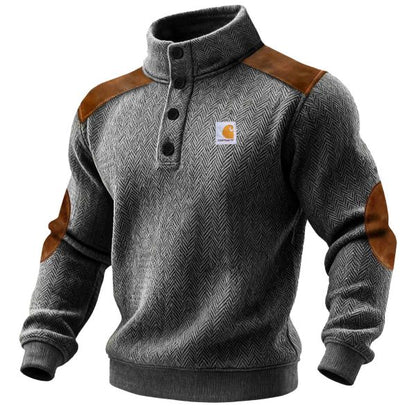 Men's Vintage Dark Gray Herringbone Suede Elbow Patches Button-Down Stand Collar Sweatshirt