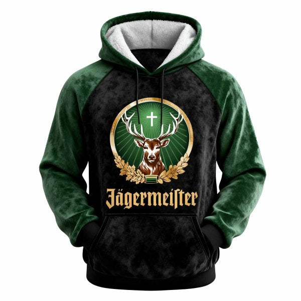 Men's Vintage Deer Black Suede Pockets Dark Green Raglan Hoodie