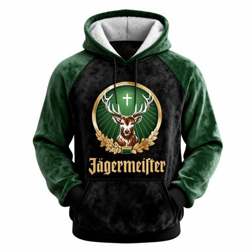 Men's Vintage Deer Black Suede Pockets Dark Green Raglan Hoodie
