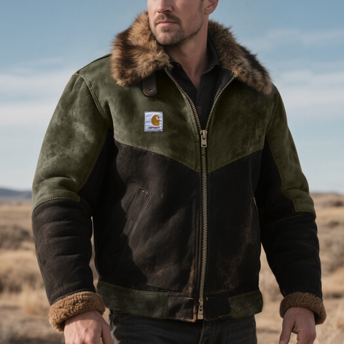 Men'e Warm Suede Colorblock Jacket with Fur Collar and Sleeves