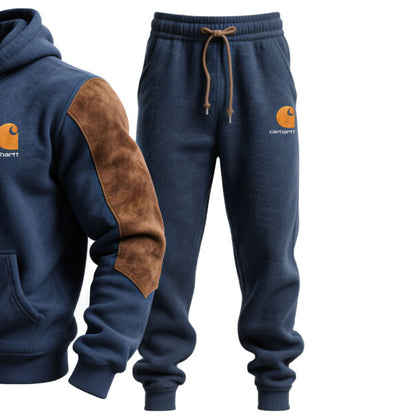 Men's Vintage Embroidered Navy Blue Stitching Brown Suede Pocket Hoodie and Sweatpants Jogger Set