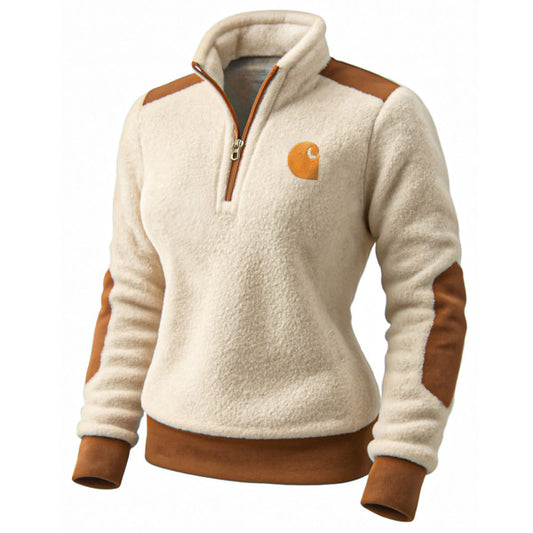 Women's Vintage Embroidered Beige Brown Suede Quarter-Zip Stand Collar Long-Sleeve Sweatshirt