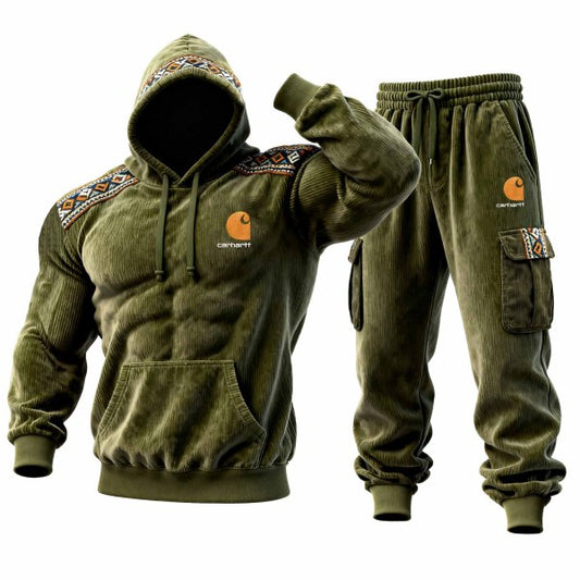 Men's Vintage Embroidered Olive Green Corduroy Ethnic Aztec Print Hoodie and Sweatpants Jogger Set