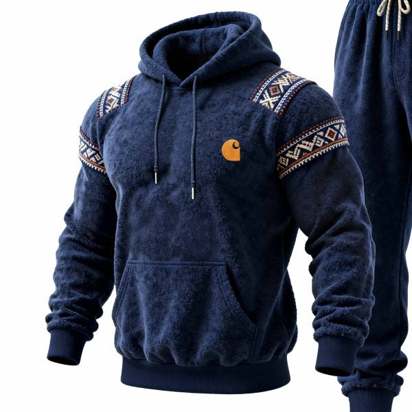 Men's Vintage Fleece Navy Blue Embroidered Ethnic-Style Pocket Hoodie and Sweatpants Jogger Set