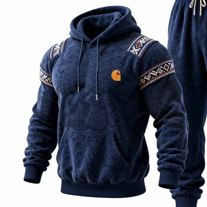 Men's Vintage Fleece Navy Blue Embroidered Ethnic-Style Pocket Hoodie and Sweatpants Jogger Set