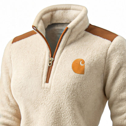 Women's Vintage Embroidered Beige Brown Suede Quarter-Zip Stand Collar Long-Sleeve Sweatshirt