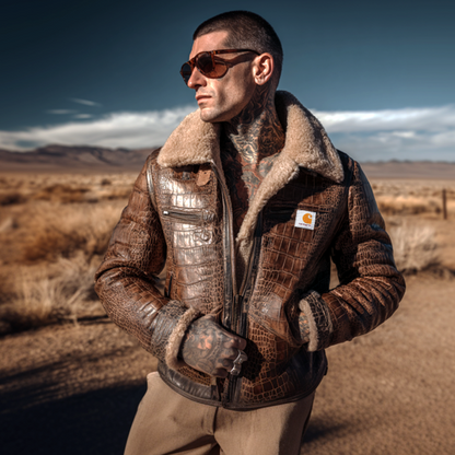 Men's Vintage Rugged Style: Brown Leather Jacket with Shearling Collar