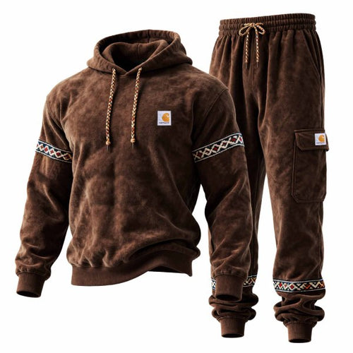 Men's Vintage Dark Brown Suede Ethnic-Style Pocket Hoodie and Sweatpants Jogger Set