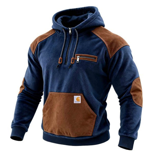 Men's Vintage Navy Blue Fleece Pocket Elbow Patches Half Zip Hoodie