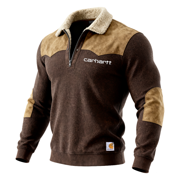 Men's Half-Zip Suede Splicing Pullover with Elbow Patches - Perfect for Casual and Outdoor Activities