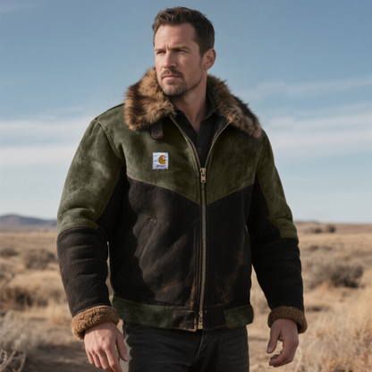 Men'e Warm Suede Colorblock Jacket with Fur Collar and Sleeves