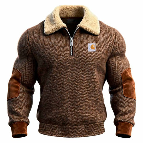 Men's Herringbone Wool Paneled Suede Quarter-Zip Fleece Lapel Sweatshirt