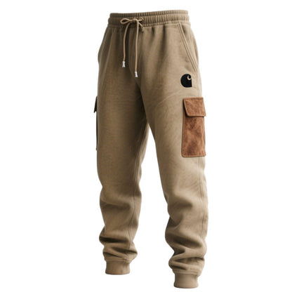 Men's Vintage Embroidered Khaki Brown Suede Quarter Zip Stand Collar Sweatshirt and Sweatpants Jogger Set