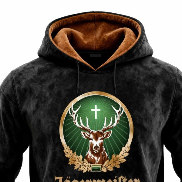 Men's Vintage Deer Black Suede Pocket Long-Sleeve Hoodie