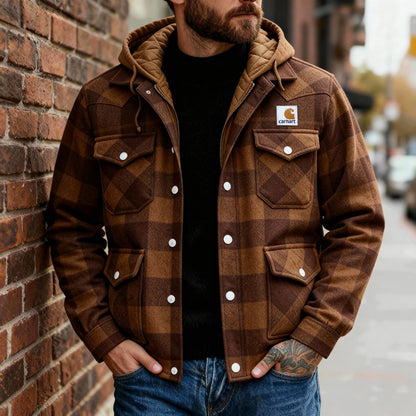 Men's outdoor casual autumn and winter logo classic plaid hooded jacket