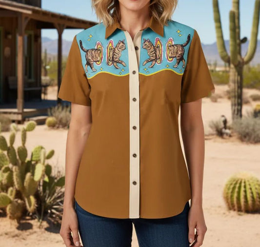 Western - Style Short - Sleeve Shirt with Cat Prints