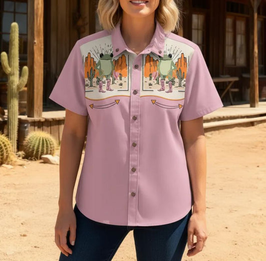 Western - Style Pink Short - Sleeve Shirt with Frog Prints