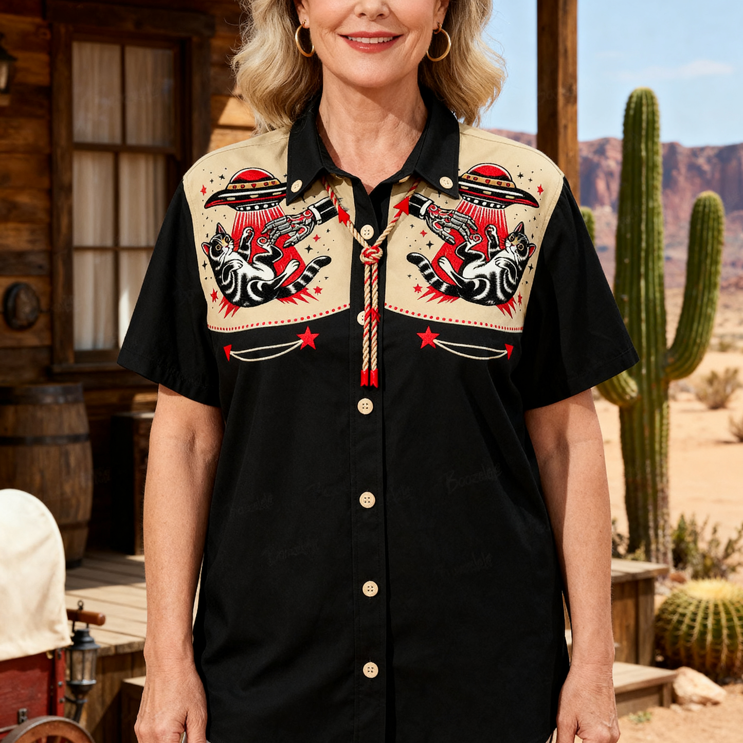 Western - Style Short - Sleeve Shirt with UFO and Cat Prints