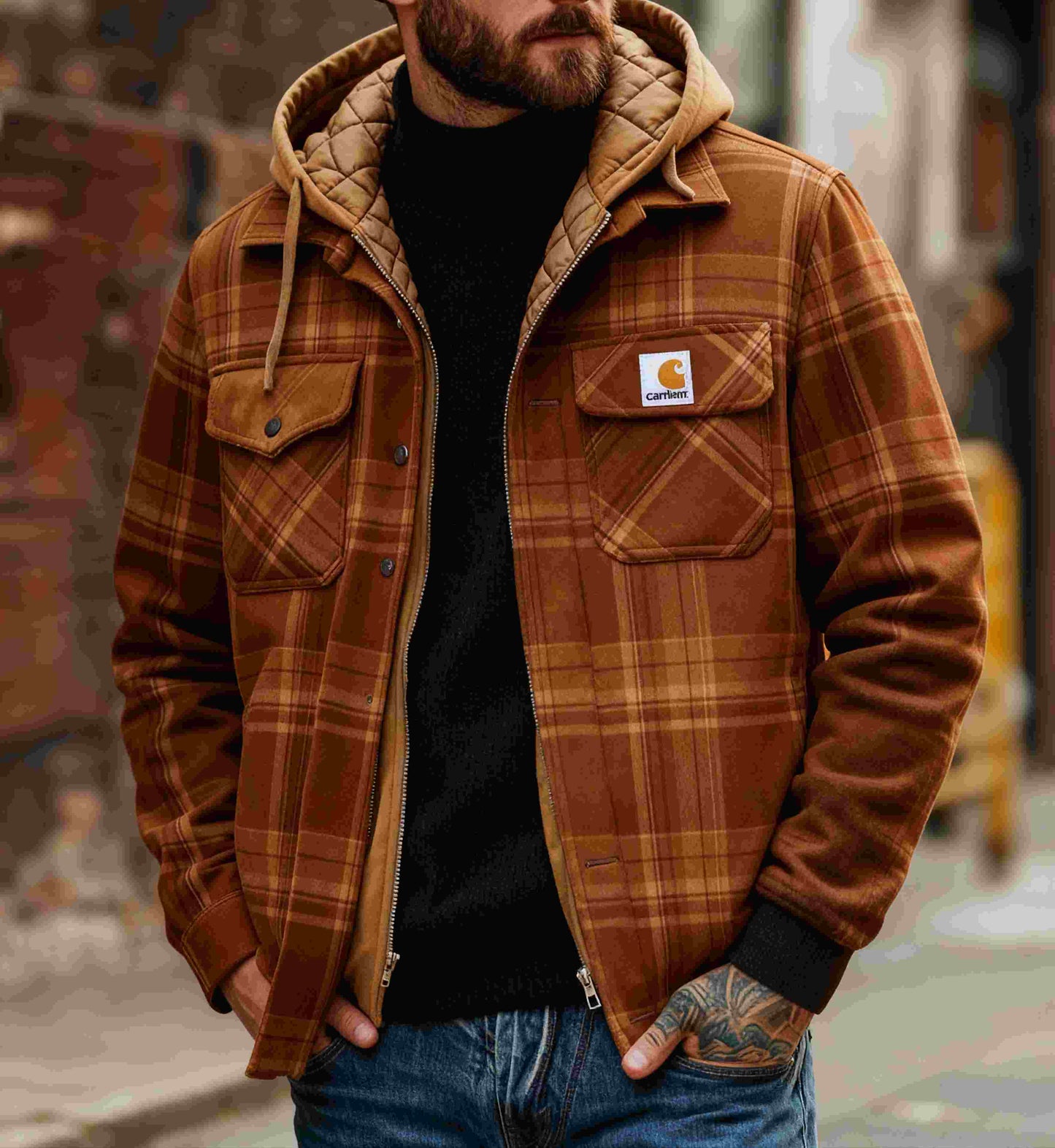 Men's outdoor casual autumn and winter logo classic plaid hooded jacket