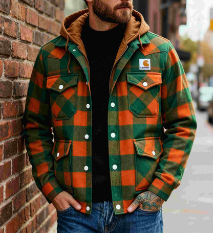 Men's outdoor casual autumn and winter logo classic plaid hooded jacket
