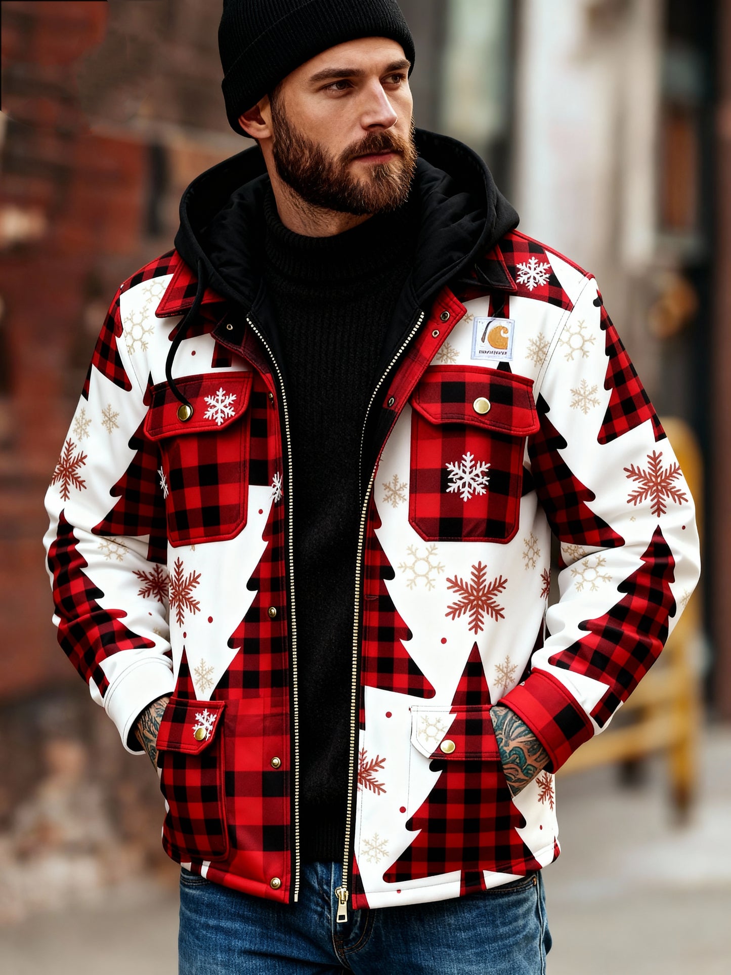 Men's outdoor casual autumn and winter logo classic plaid hooded jacket